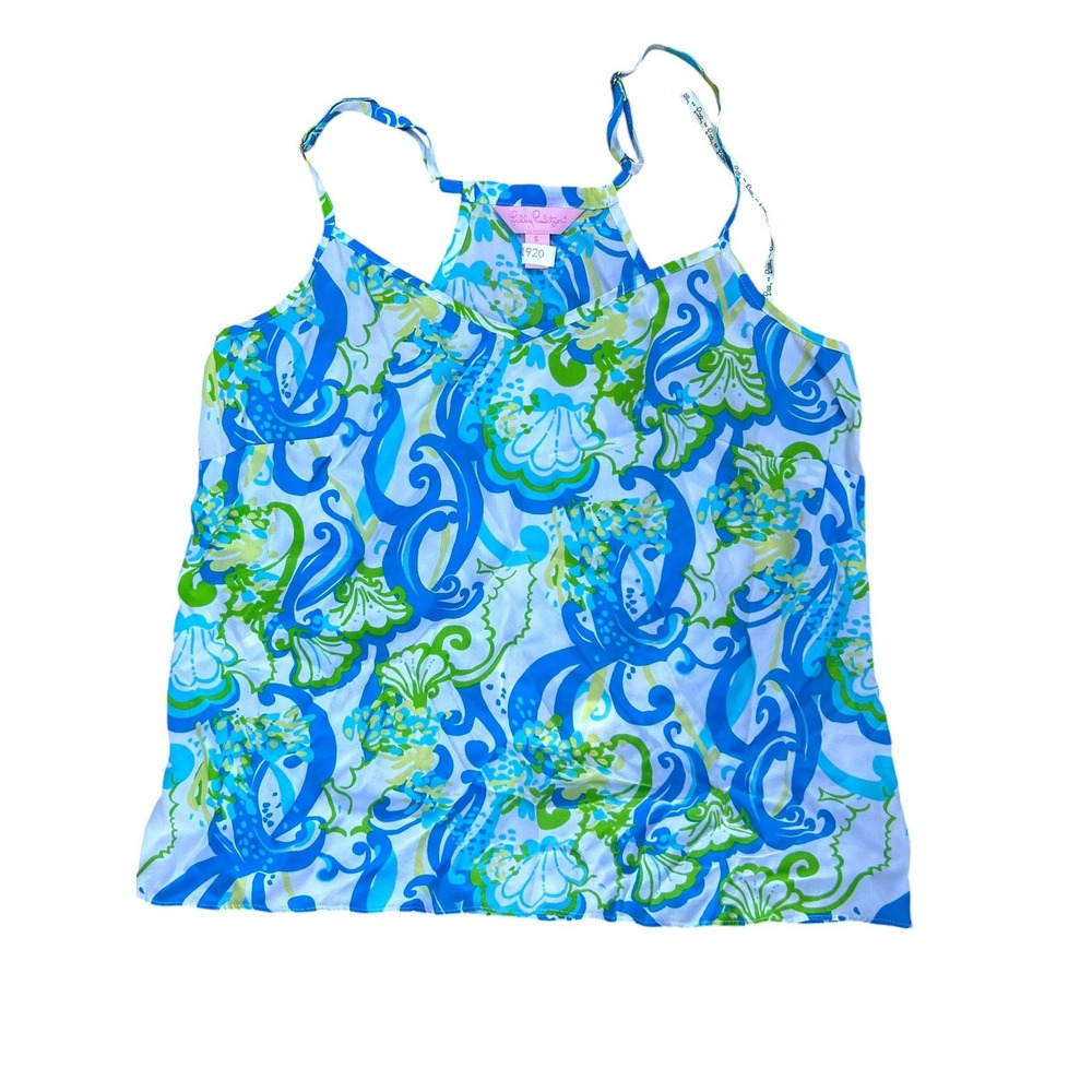 Lilly Pulitzer Shirt Womens Small Blue White Green Silk Tank Top Bright Colors